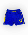Blue shorts with yellow accents and 'NATION' branding on a white background