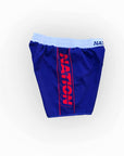 Blue swim shorts with red and white text on a white background