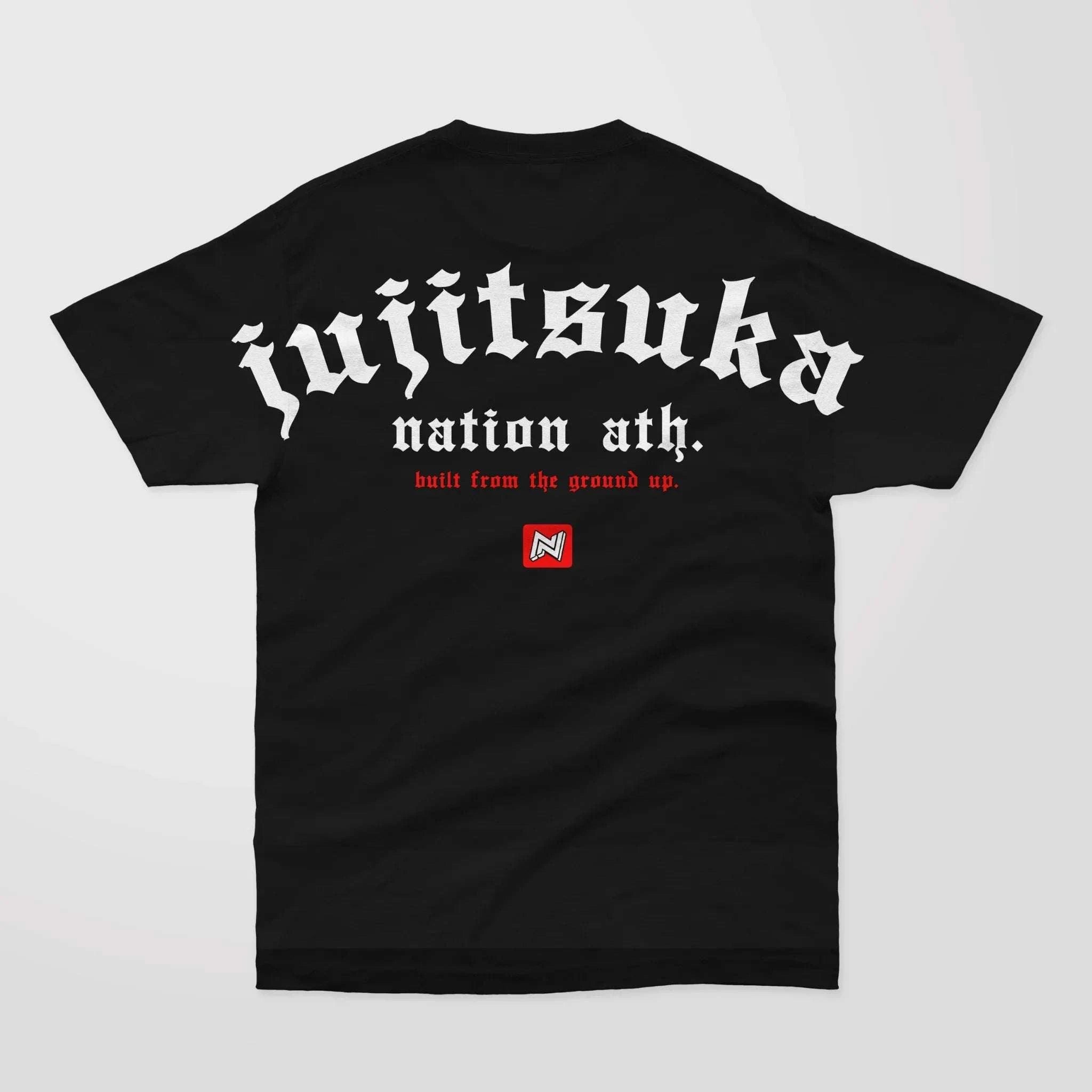 Back view of black Nation Graphic Tee with "jujitsuka nation ath." and "built from the ground up." printed in white and red gothic font