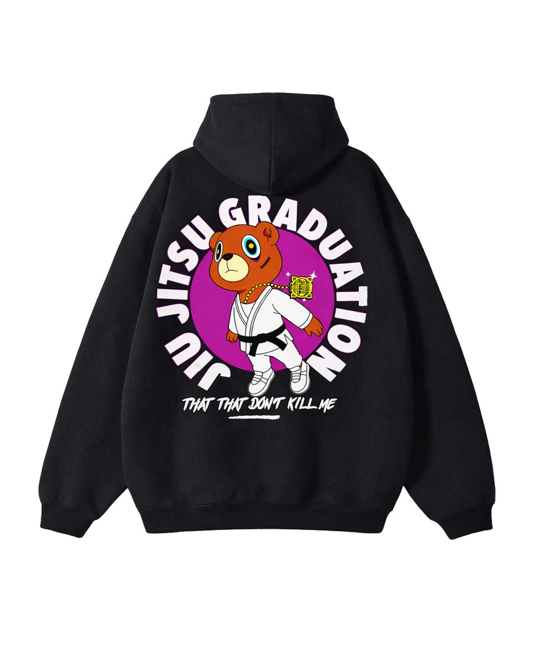 Black hoodie with a colorful Bjj graphic on the back of a hoodie featuring a bear and text.