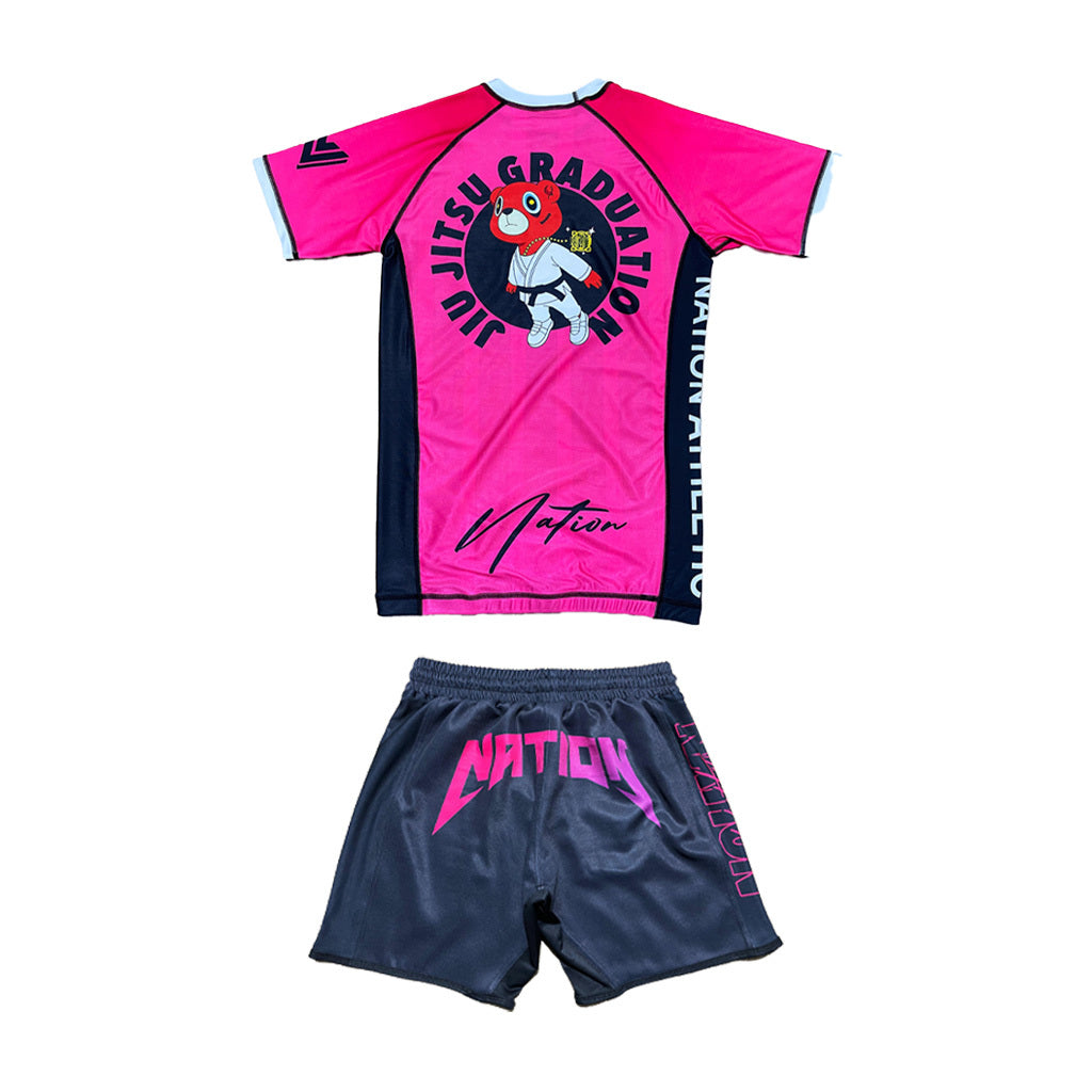 Kanye BJJ No-Gi Set with pink and black moisture-wicking rash guard and durable grappling shorts featuring bold sublimated artwork and streetwear style