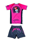 Kanye BJJ No-Gi Set with pink and black moisture-wicking rash guard and durable grappling shorts featuring bold sublimated artwork and streetwear style
