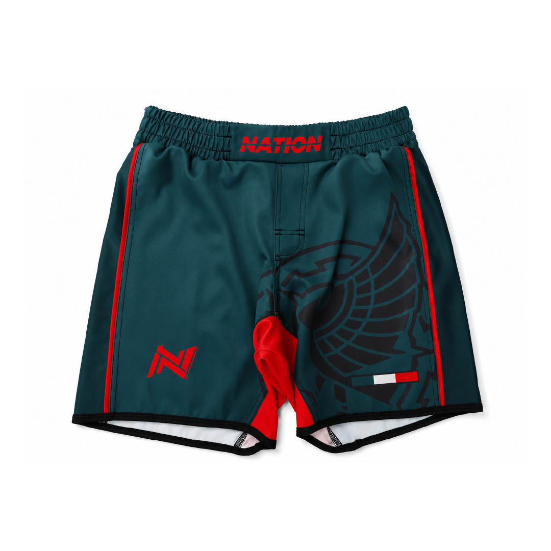 Mexico Teal bjj shorts with red accents and 'NATION' branding on a white background