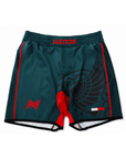 Mexico Teal bjj shorts with red accents and 'NATION' branding on a white background