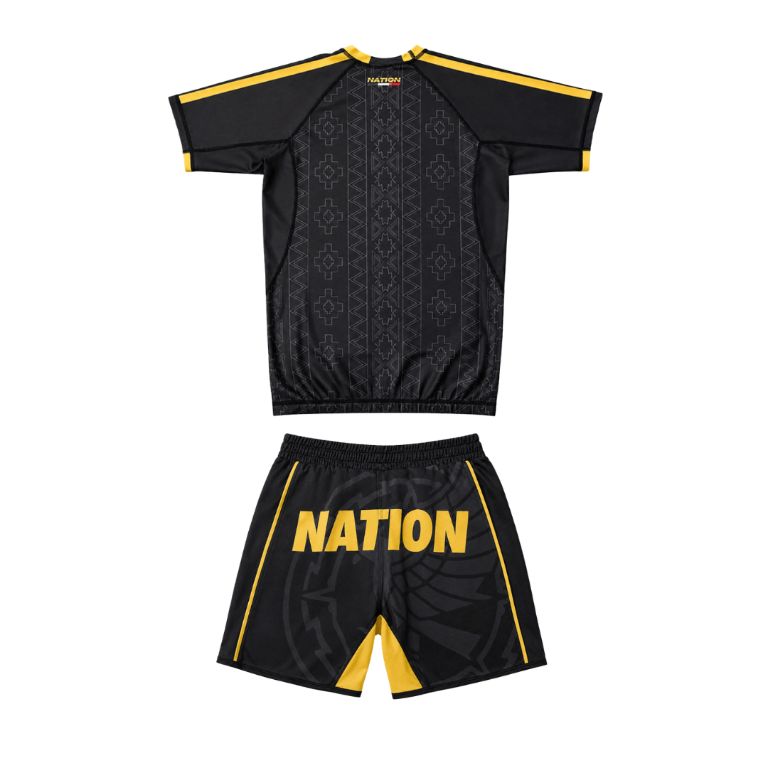 Mexico World Cup BJJ Rash Guard Set black and gold no-gi training kit with matching rash guard and grappling shorts by Nation Athletic