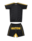 Mexico World Cup BJJ Rash Guard Set black and gold no-gi training kit with matching rash guard and grappling shorts by Nation Athletic