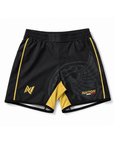 Black and yellow athletic Mexico BJJ shorts with branding on a white background