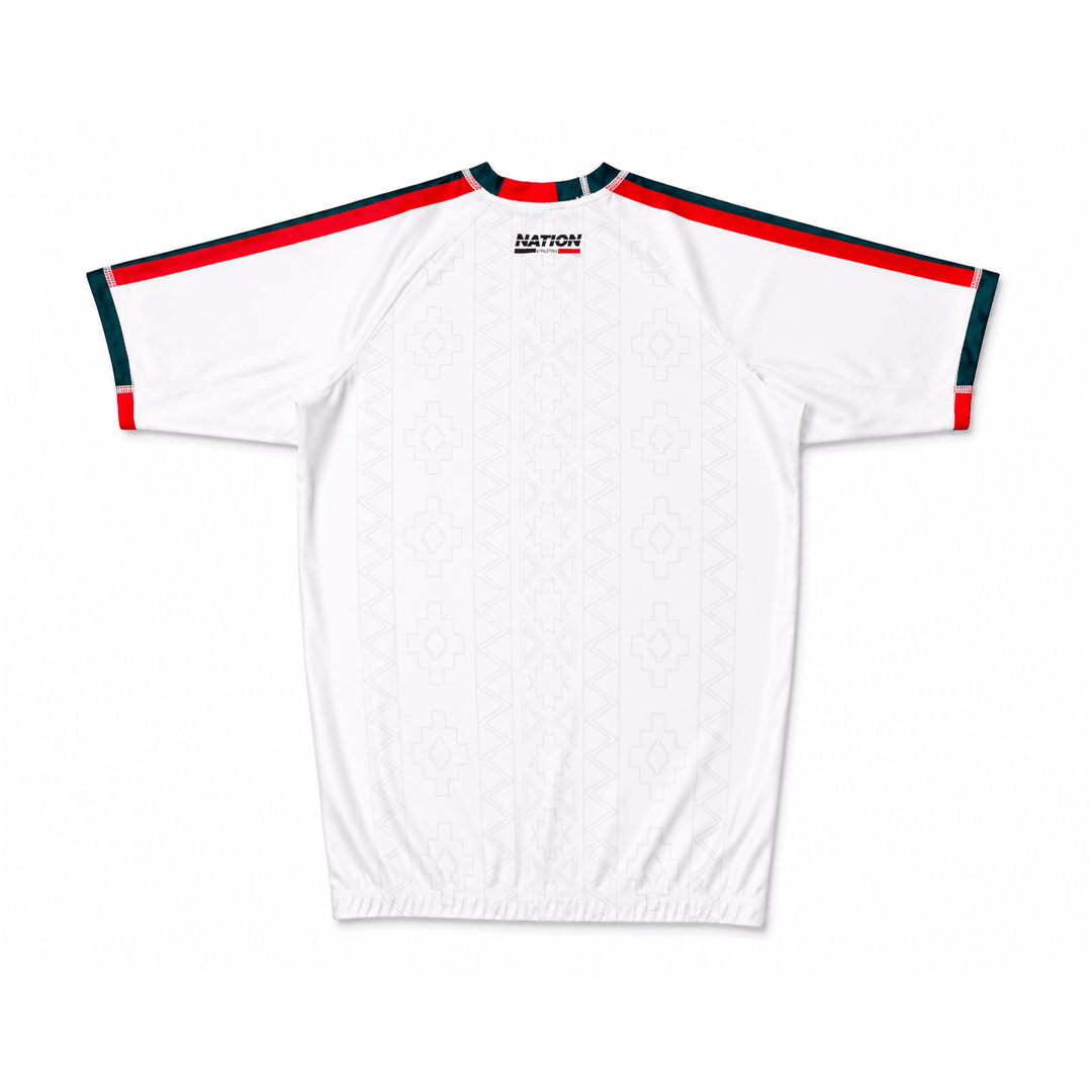 White mexico bjj rash guard with red and blue trim on a white background