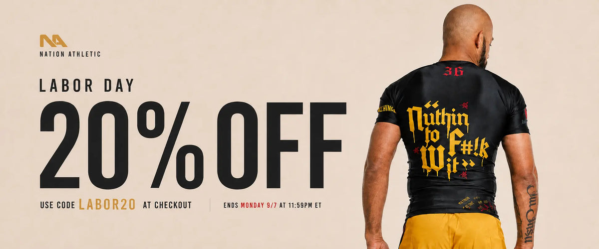 Promotional banner for Nation Athletic featuring a bald man from behind wearing a wu jitsu bjj rash guard set and grappling yellow shorts, next to large text that reads 'LABOR DAY 20% OFF' with a discount code.