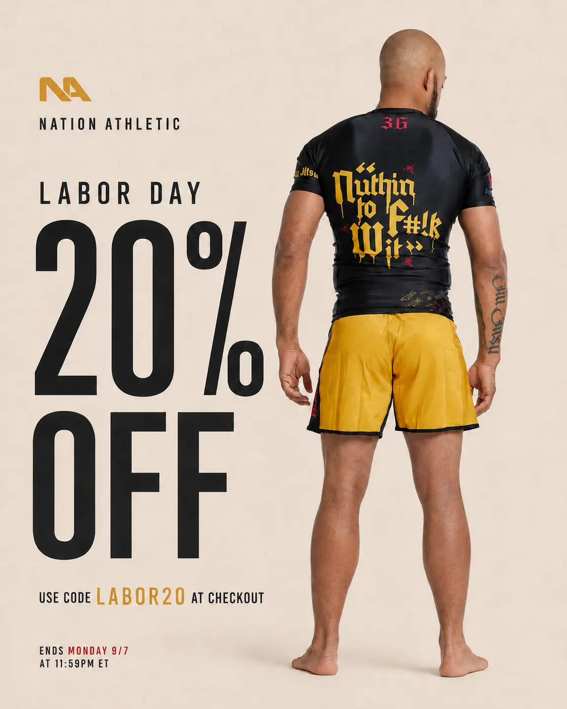 Promotional banner for Nation Athletic featuring a bald man from behind wearing a wu jitsu bjj rash guard set and grappling yellow shorts, next to large text that reads 'LABOR DAY 20% OFF' with a discount code.