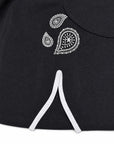 Close-up of a black textured brazilian jiu jitsu gi kimono jacket featuring a white embroidered paisley pattern on the chest and white drawstrings at the waist.