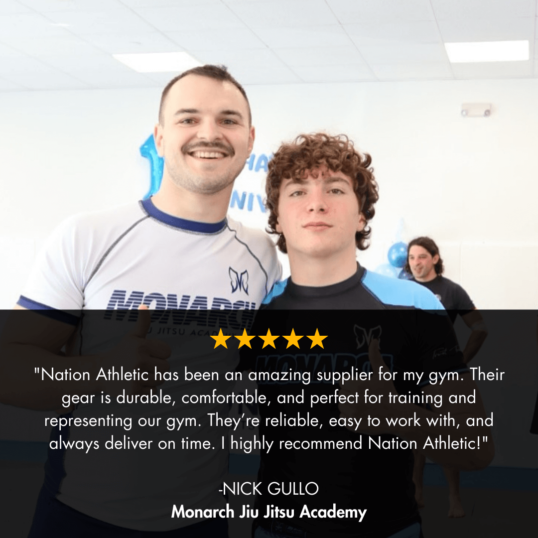 Two men standing together with a five-star rating and review from Monarch Jiu Jitsu Academy wearing nation athletic wholesale custom bjj rash guards