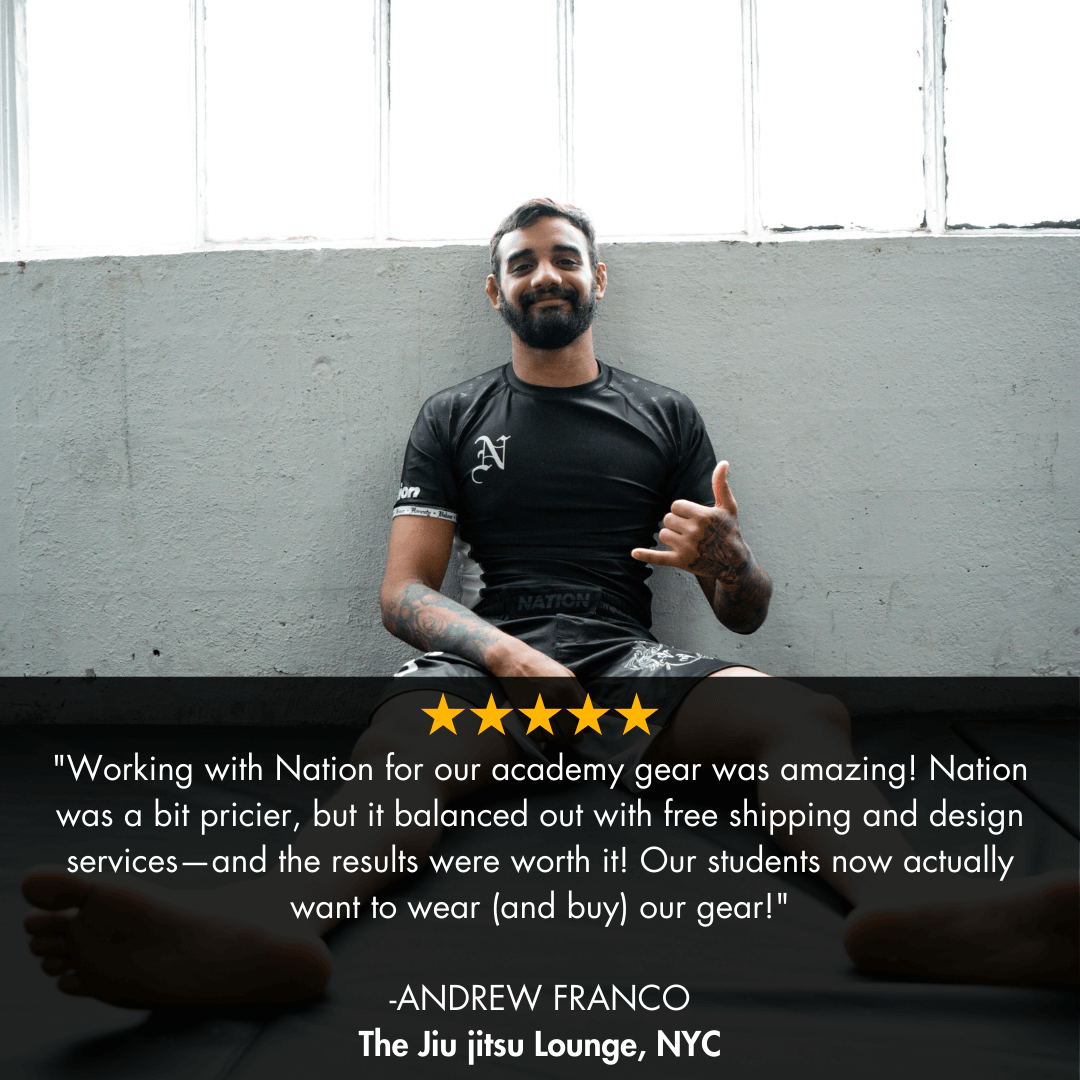 Man sitting against a wall with a quote about Nation brand wholesale custom bjj academy rash guards.