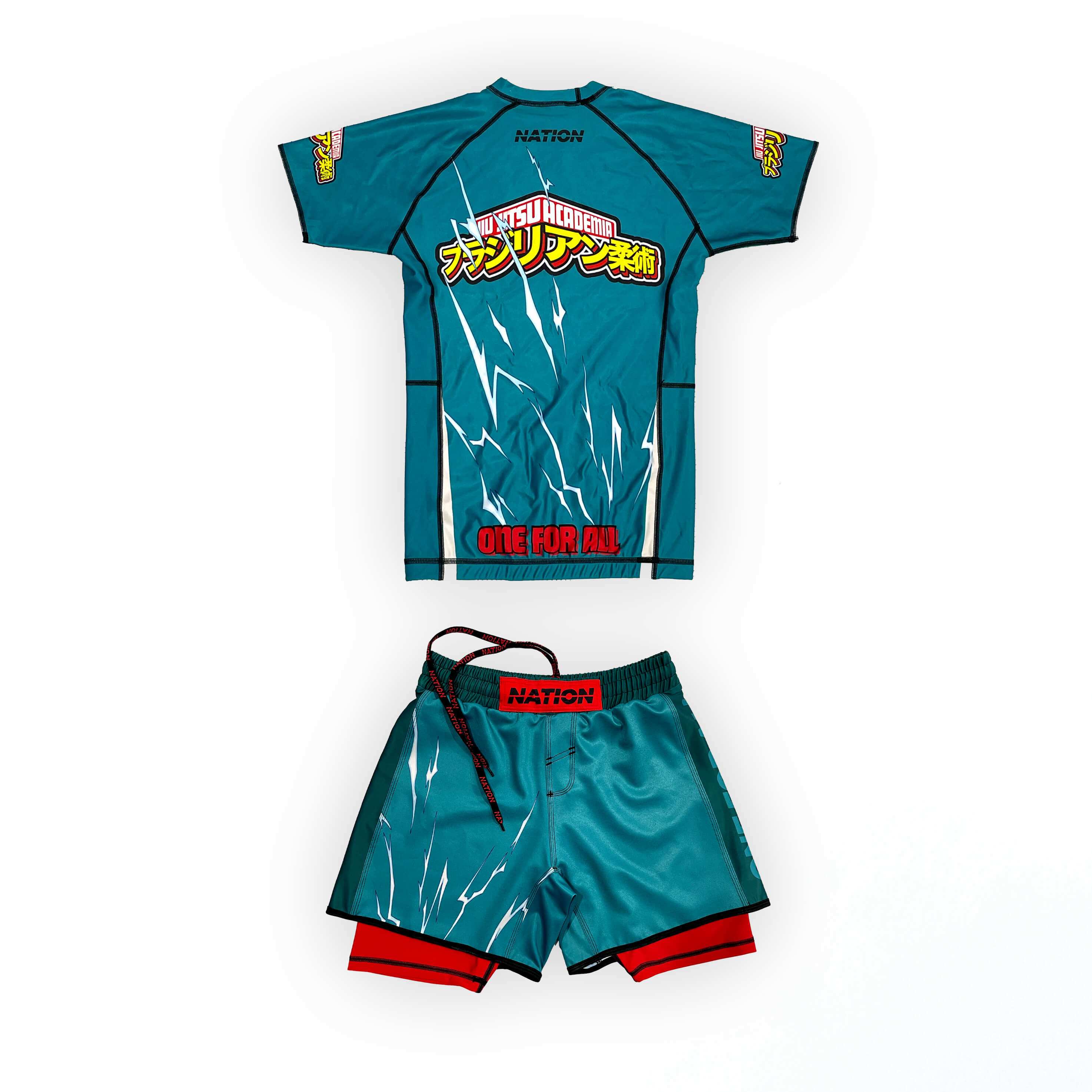 Jiu Jitsu Academia multicolor Nogi BJJ rash guard set with anime-inspired design and tailored fit