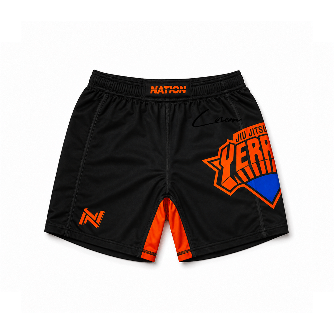 New York Nicks BJJ rash guard set with black and orange no-gi shorts for grappling and MMA training