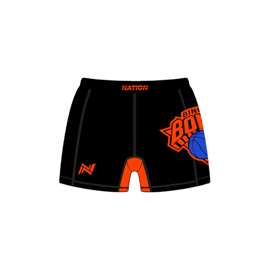 Black and orange New York Nicks NYK53 no-gi BJJ fight shorts designed for grappling and MMA training