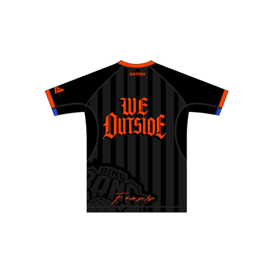 Black New York Nicks no-gi BJJ rash guard with orange accents for grappling and MMA training