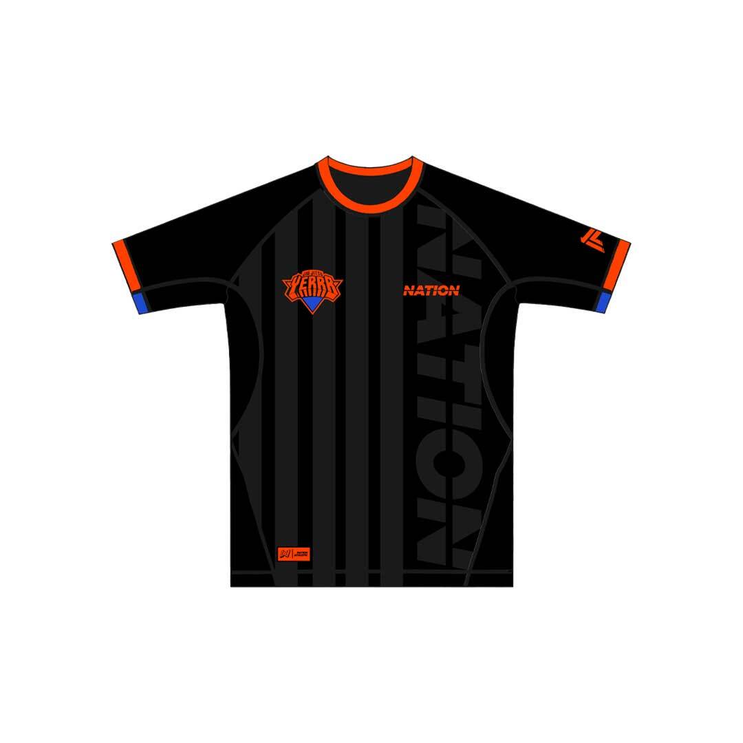 New York Nicks BJJ rash guard set with black and orange no-gi training gear by Nation Athletic