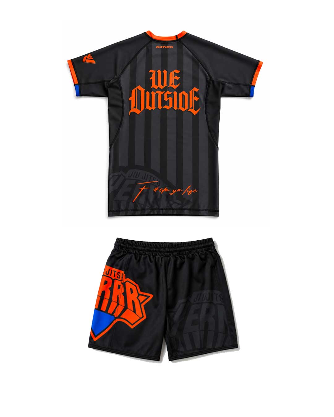 New York Nicks BJJ No-Gi rash guard and shorts set with black and orange design