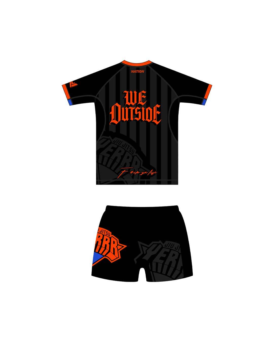 New York Nicks BJJ rash guard and shorts set for no-gi training in black with orange accents