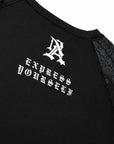 Close-up of a black BJJ Rash Guard shirt featuring a white Gothic-style monogram 'A' and the text 'Express Yourself' printed on the chest, with black lace-like patterned sleeves.