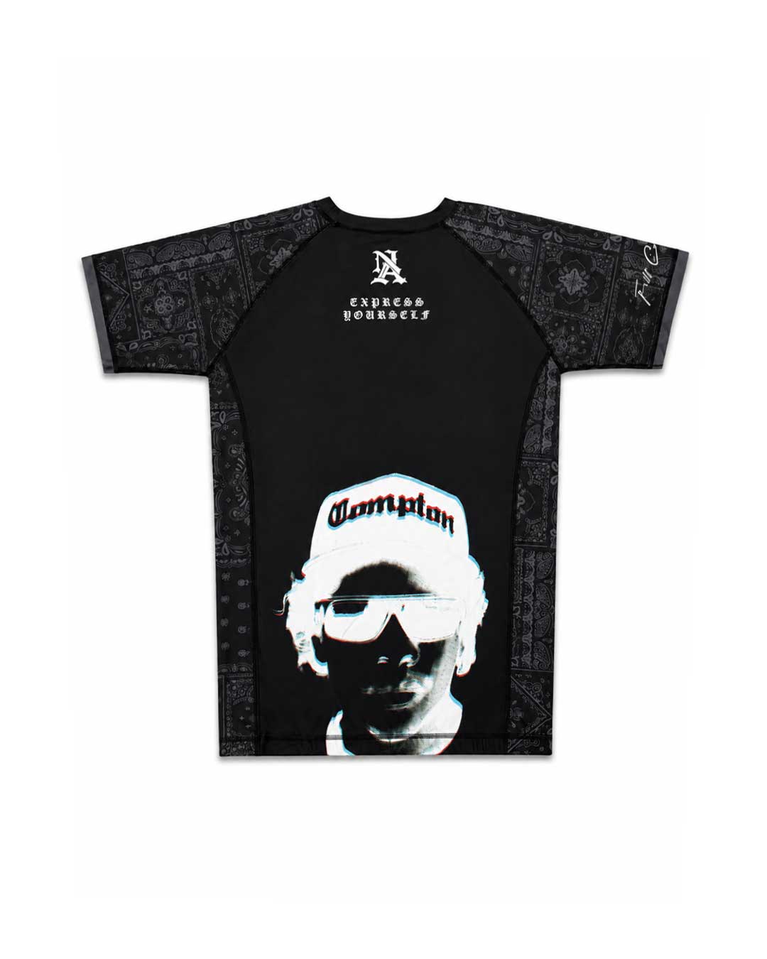 A black short-sleeve bjj rash guard with a large graphic of a person wearing a white beanie and sunglasses on the front, and 'Campion' printed on the beanie. The brand 'Express Conduct' is printed in white on the upper chest.