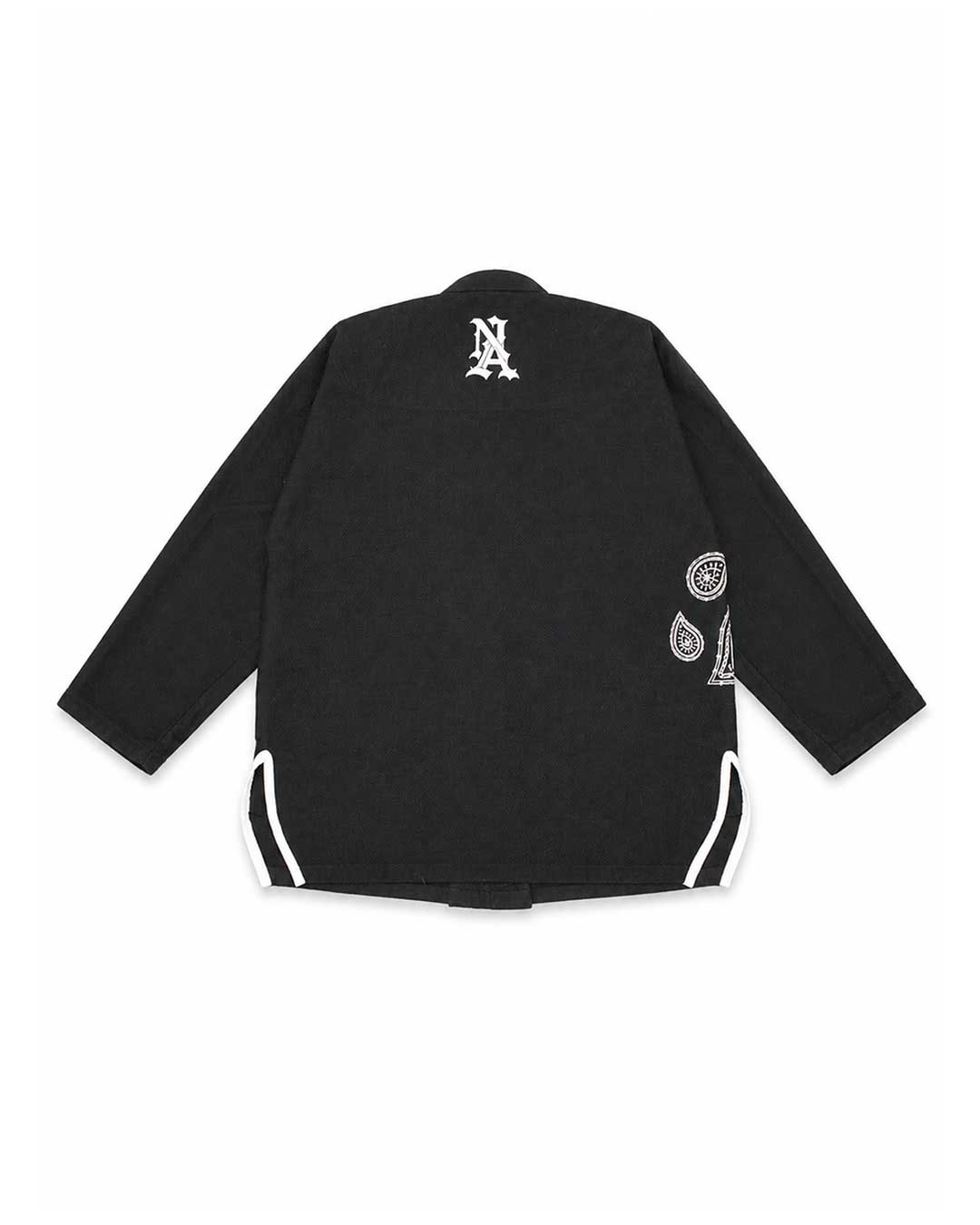 A black long-sleeve bjj gi jacket shown from the back, featuring a white stylized 'N' logo on the upper back, white graphic prints on the right sleeve, and white piping along the side seams, set against a plain white background.