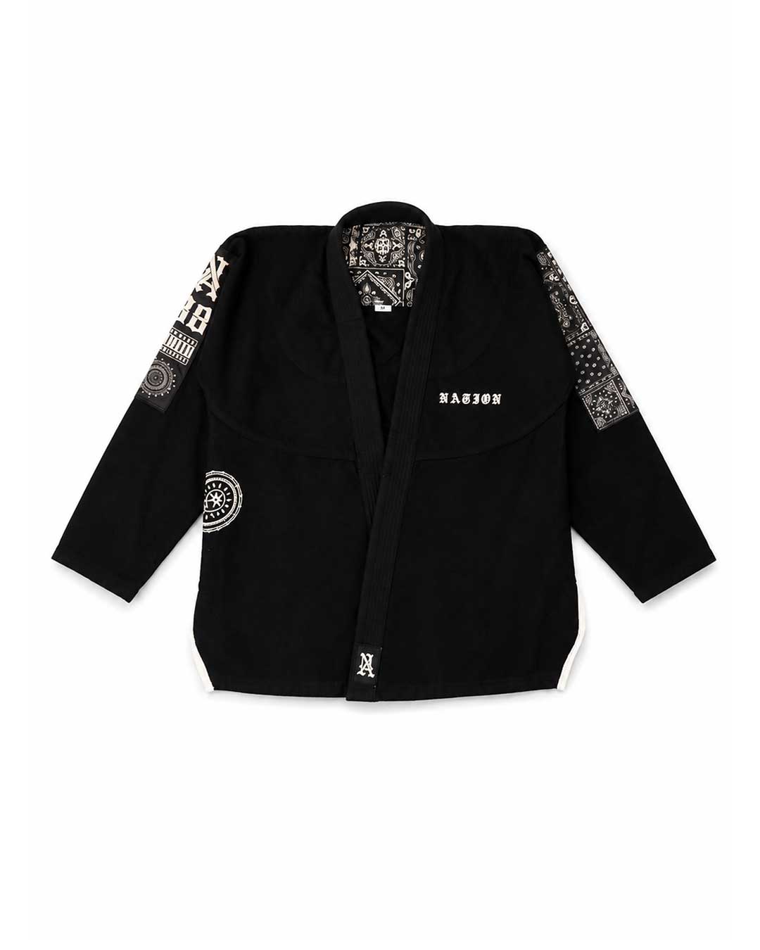A black martial arts bjj gi jacket with white embroidered details, including the brand name 'NABON' on the chest, circular patches on the sleeves, and a patterned lining, shown flat on a white background.