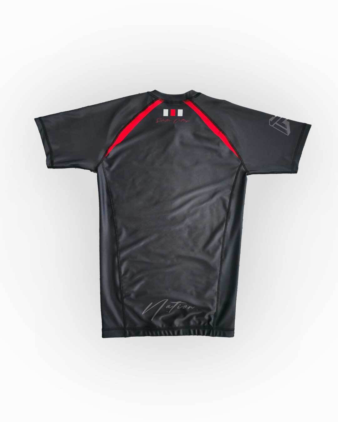 Black sports jersey with red accents on a white background