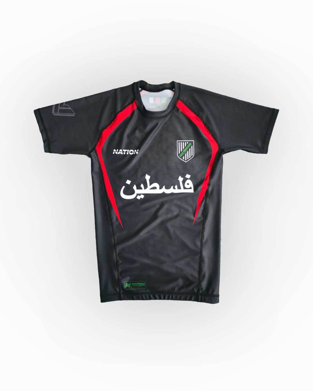 Black sports jersey with red accents and Arabic text on a white background