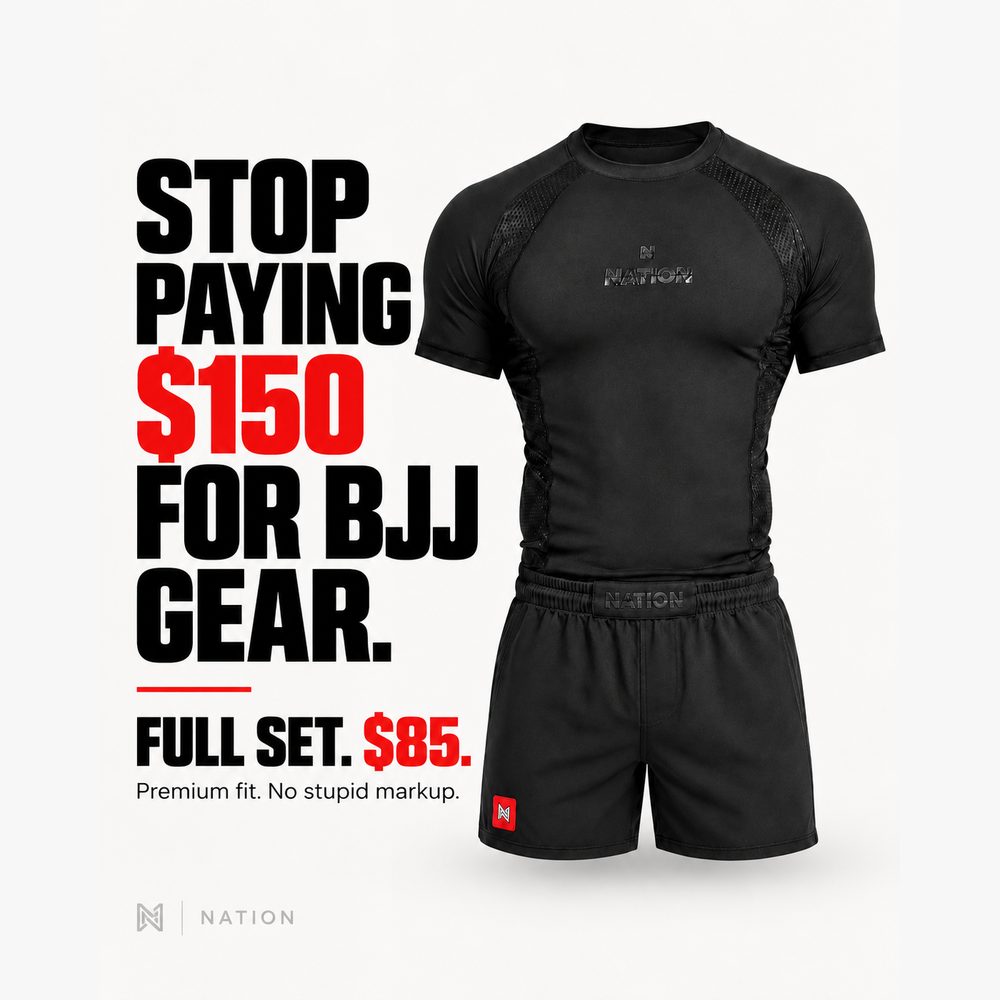 Nation Standard Issue black rash guard and grappling shorts — full set $85. Stop paying $150 for BJJ gear.