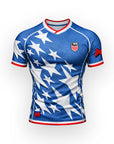 Blue bjj rash guard World Cup inspired team usa sports jersey with white star pattern and red accents on a white background