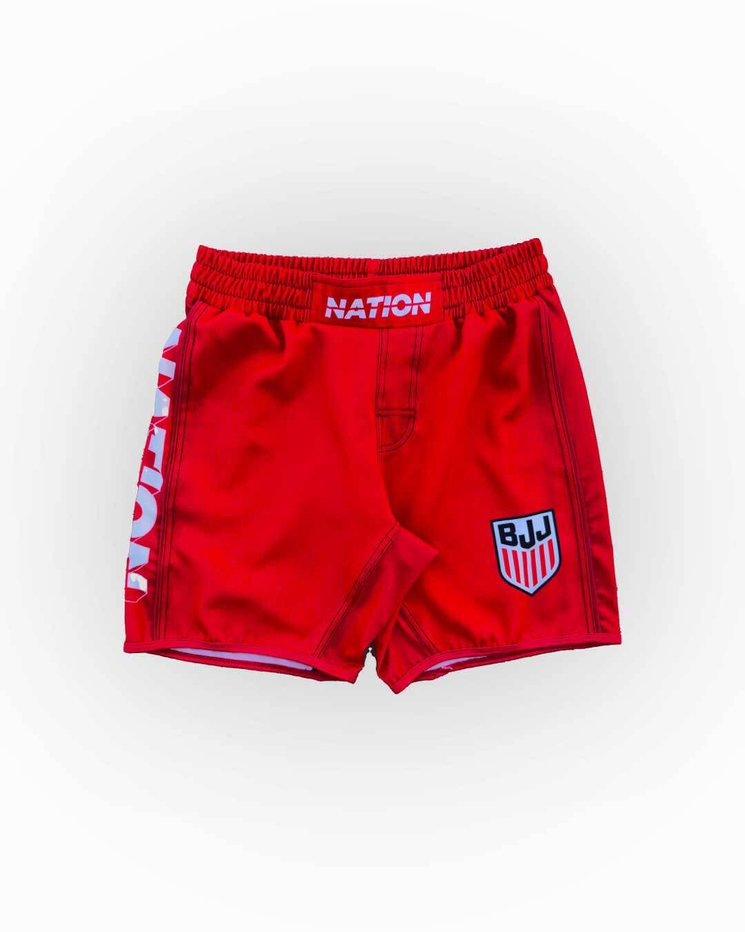 Red BJJ shorts with 'Nation' branding on a white background
