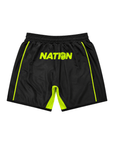 Black shorts with green accents and 'NATION' text on a white background