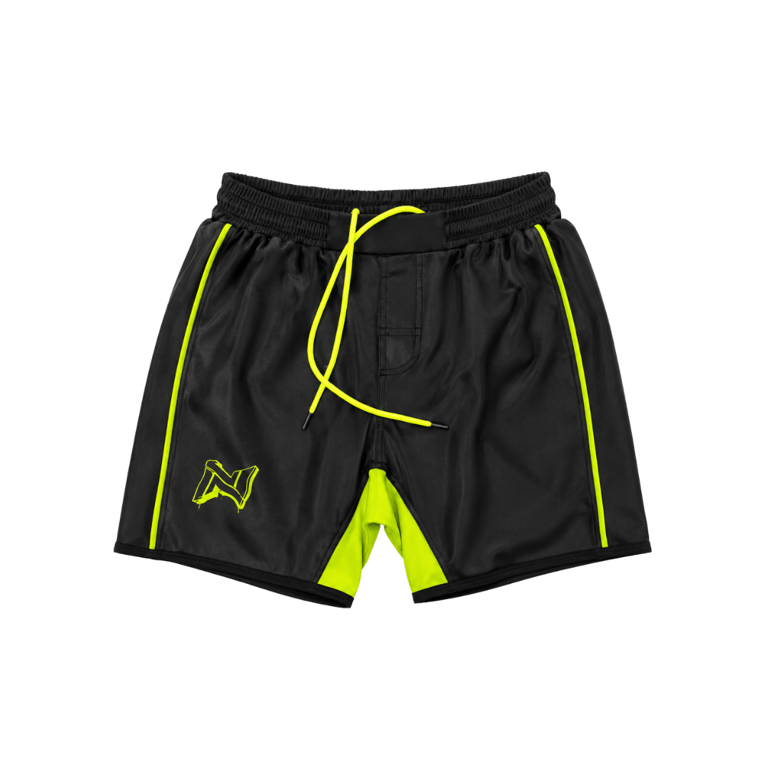 Black shorts with yellow accents on a white background