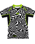 Black and white patterned shirt with green accents on a white background