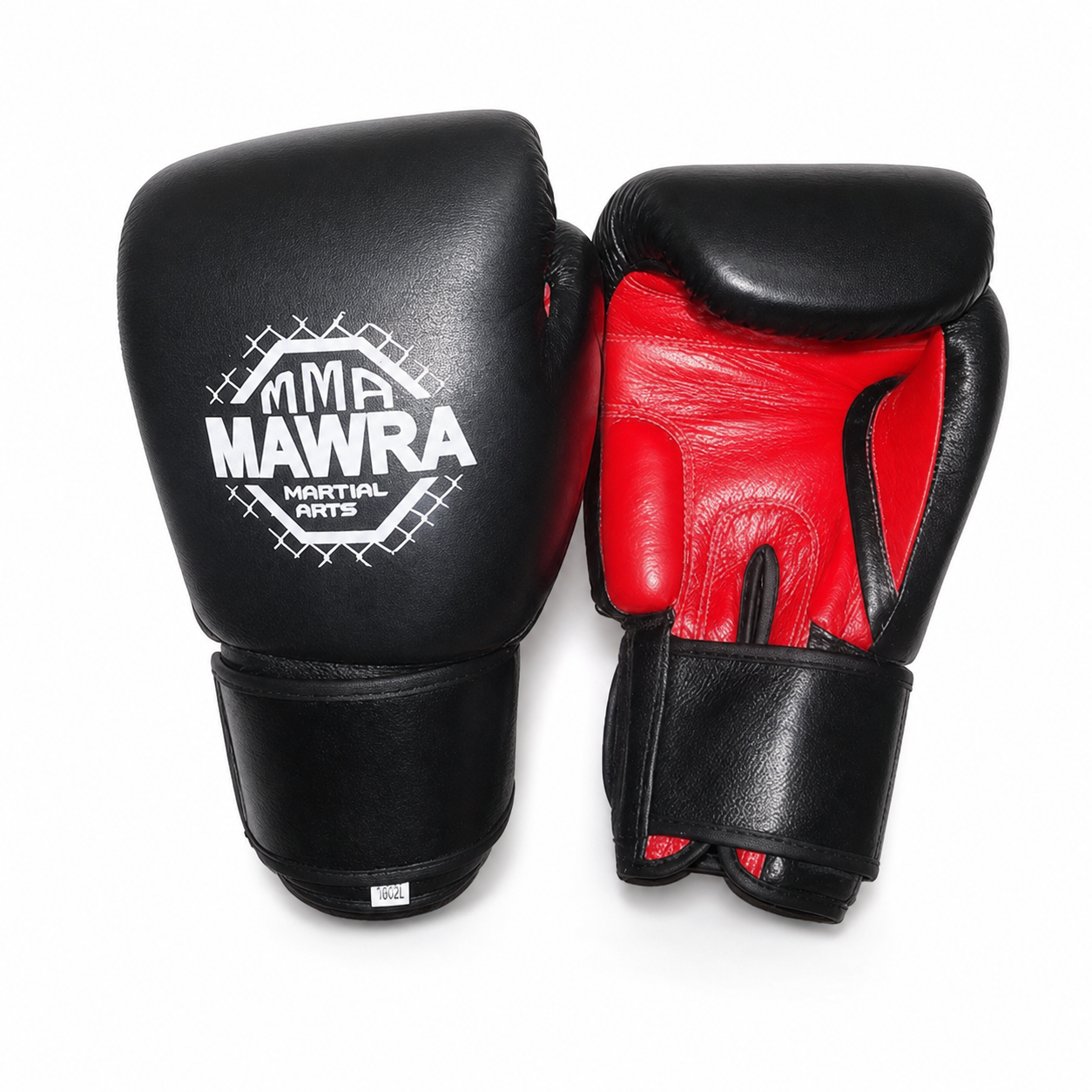 Black and red custom boxing glove factory sample shown from front and palm views